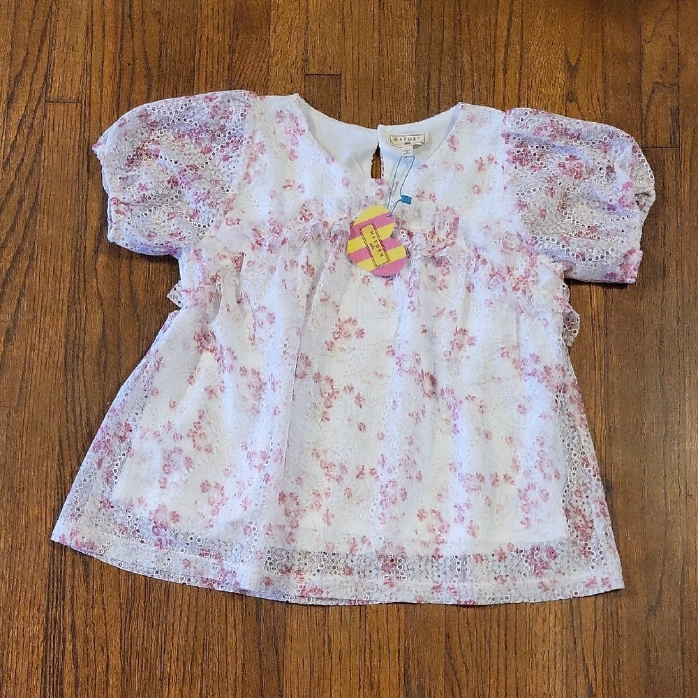 Hayden Girls Pink and White Floral Blouse with Puffed Sleeves